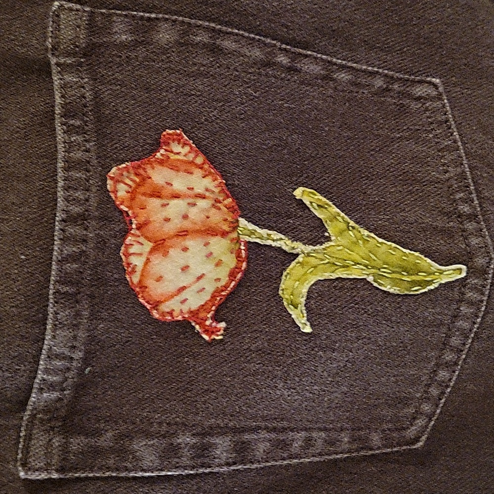 HAND CRAFTED Jeans UPCYCLED Purple Denim Embroidery Floral Applique Size 12 - Picture 13 of 17